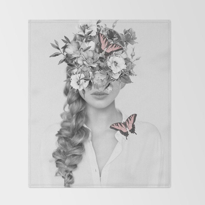 woman with flowers and butterflies 9a Throw Blanket Gallery Image 2