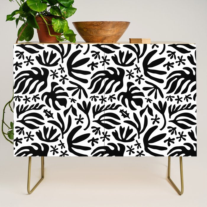 Black and white tropical summer nature pattern Credenza Gallery Image 1