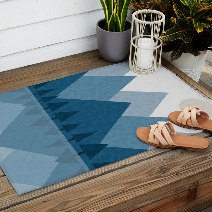 Calming Abstract Geometric Mountains Blue Outdoor Rug Gallery Image 2