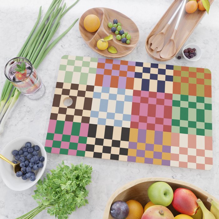 Retro 70s Colorful Patchwork Checkerboard Cutting Board Gallery Image 2
