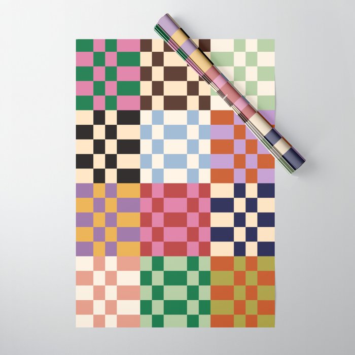 Retro 70s Colorful Patchwork Checkerboard Wrapping Paper Gallery Image 1