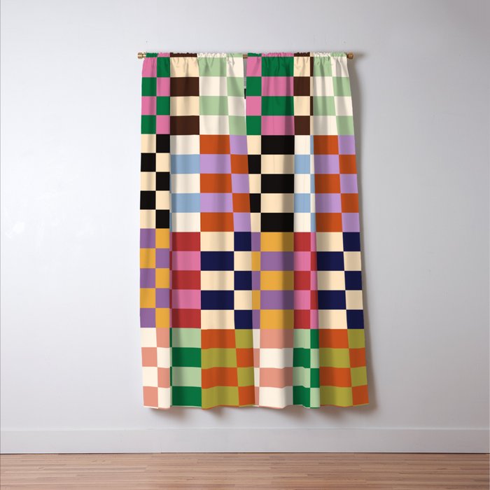 Retro 70s Colorful Patchwork Checkerboard Window Curtain Gallery Image 3