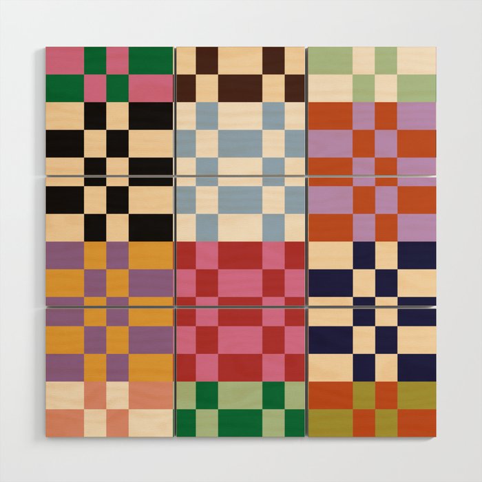 Retro 70s Colorful Patchwork Checkerboard Wood Wall Art