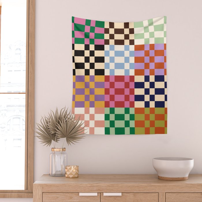 Retro 70s Colorful Patchwork Checkerboard Wall Tapestry Gallery Image 2