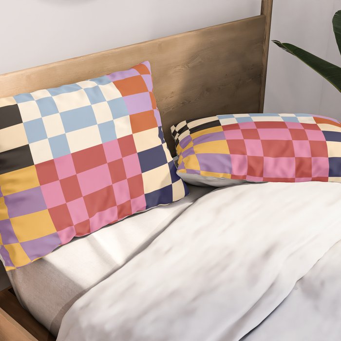 Retro 70s Colorful Patchwork Checkerboard Pillow Sham Gallery Image 2