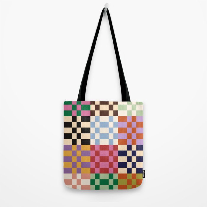 Retro 70s Colorful Patchwork Checkerboard Tote Bag Gallery Image 2