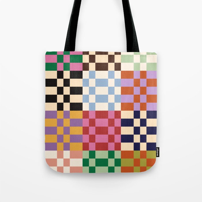 Retro 70s Colorful Patchwork Checkerboard Tote Bag Gallery Image 1