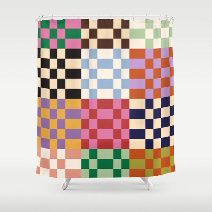 Retro 70s Colorful Patchwork Checkerboard Shower Curtain Gallery Image 1