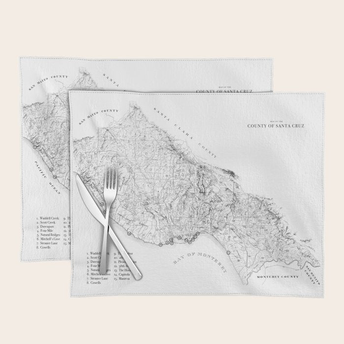 Santa Cruz Surf Map Black and White Placemat Gallery Image 1