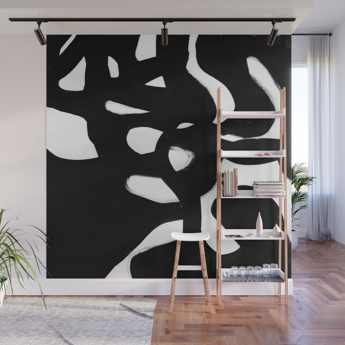 Maze Black & White Minimalist Abstract Mid century Ink Art Dark Brush Strokes Wall Mural Gallery Image 1