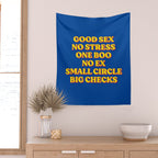 Good Sex, No Stress, One Boo, No Ex, Small Circle, Big Checks Wall Tapestry Gallery Image 2