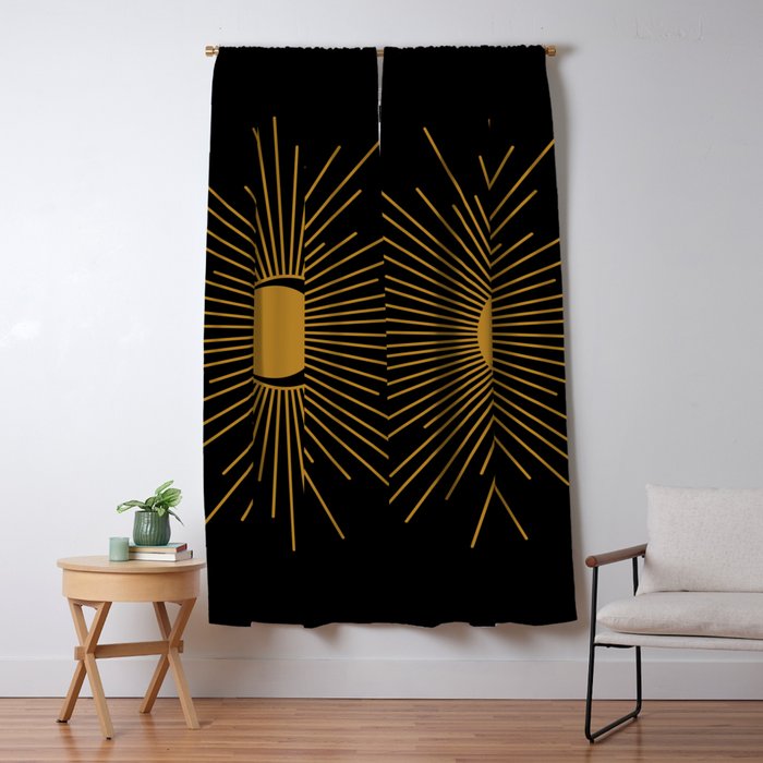 Subtle Sun Moon Stars in Black and Ochre Window Curtain Gallery Image 1