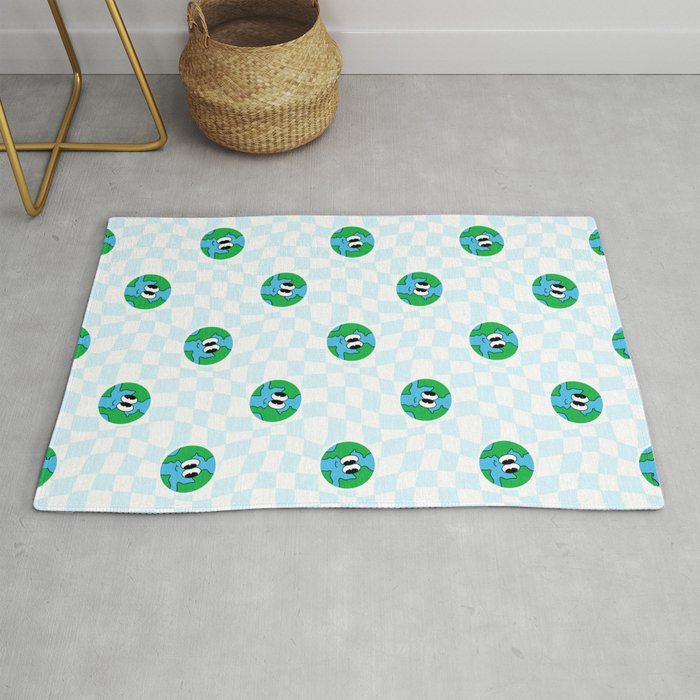 Retro cartoon earth planet checkered pattern Rug Gallery Image 1