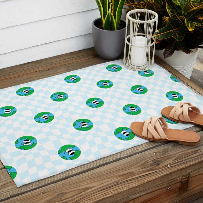 Retro cartoon earth planet checkered pattern Outdoor Rug Gallery Image 2