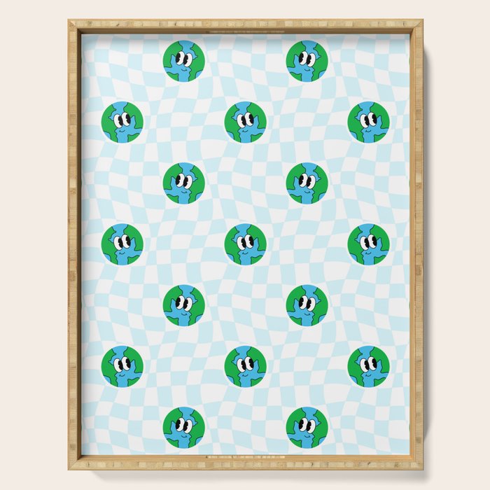 Retro cartoon earth planet checkered pattern Serving Tray Gallery Image 1