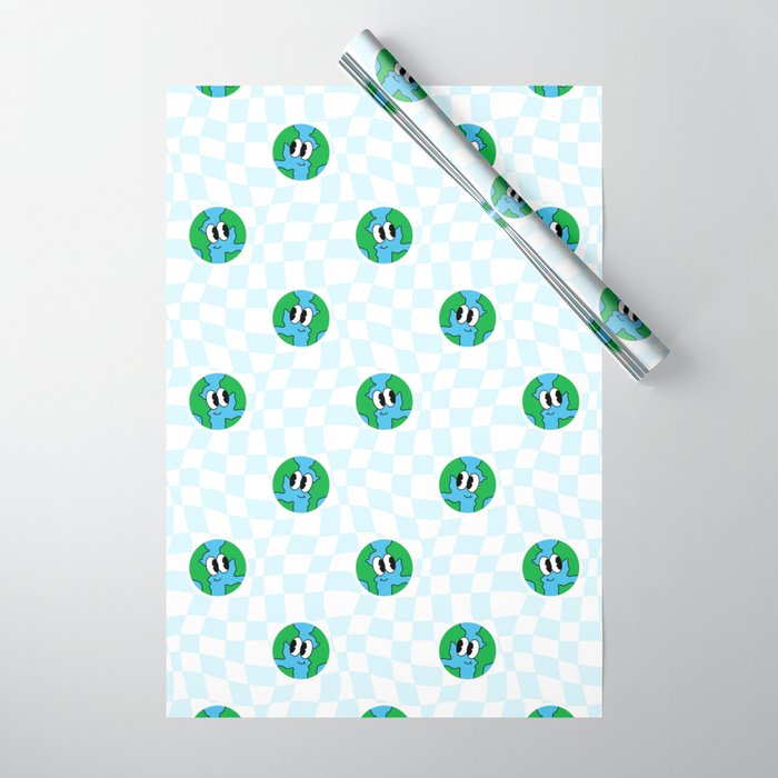 Retro cartoon earth planet checkered pattern Wrapping Paper Gallery Image 1