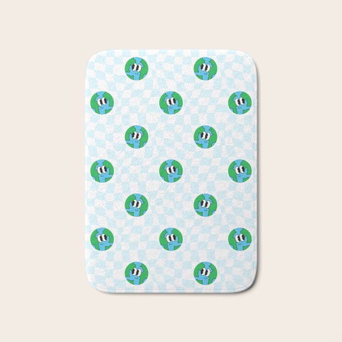 Retro cartoon earth planet checkered pattern Bath Mat Gallery Image 1