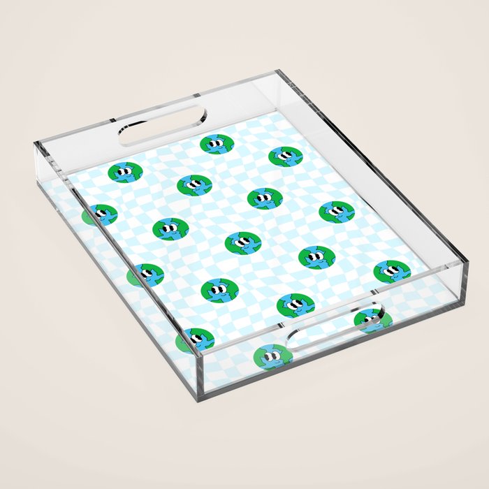 Retro cartoon earth planet checkered pattern Acrylic Tray Gallery Image 1