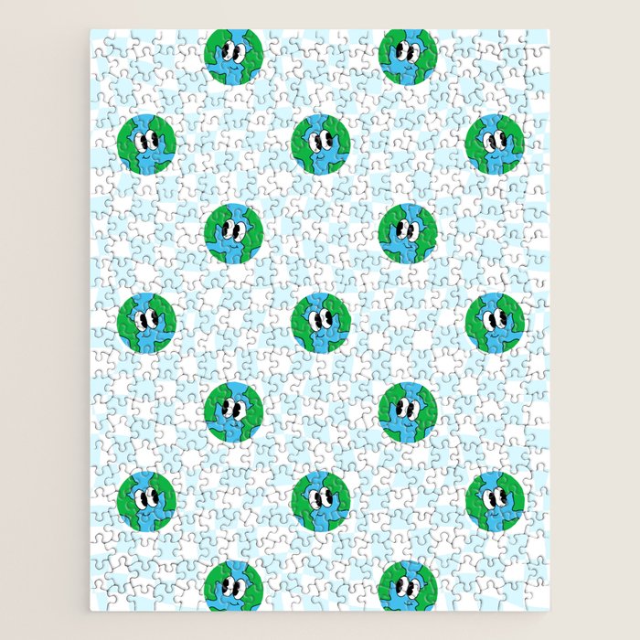Retro cartoon earth planet checkered pattern Jigsaw Puzzle Gallery Image 1