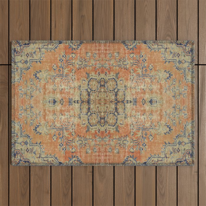 Vintage Woven Coral and Blue Kilim Outdoor Rug Gallery Image 1
