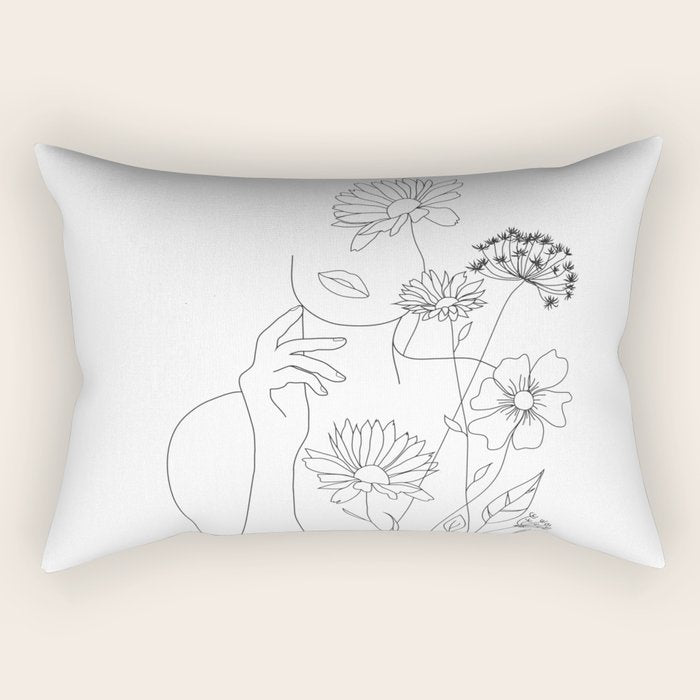 Minimal Line Art Woman with Flowers III Rectangular Pillow Gallery Image 1