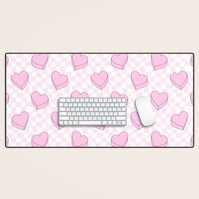 Pink love heart candy checkered pattern Desk Mat Gallery Image 1