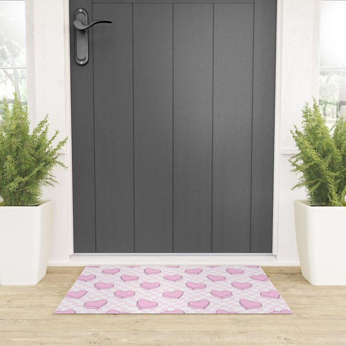 Pink love heart candy checkered pattern Welcome Mat Gallery Image 3