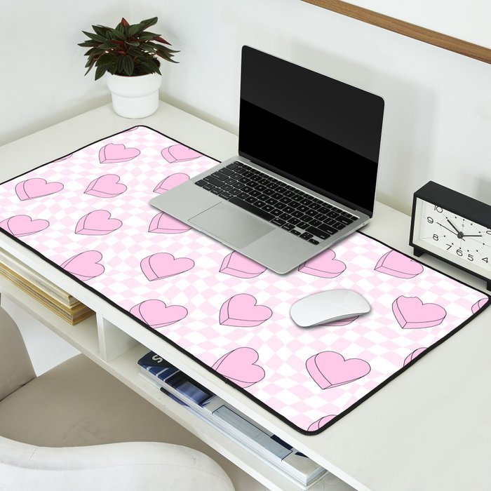 Pink love heart candy checkered pattern Desk Mat Gallery Image 2