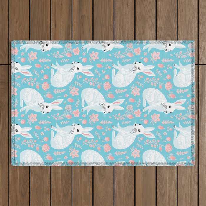 Vintage flower rabbit spring art pattern Outdoor Rug Gallery Image 1