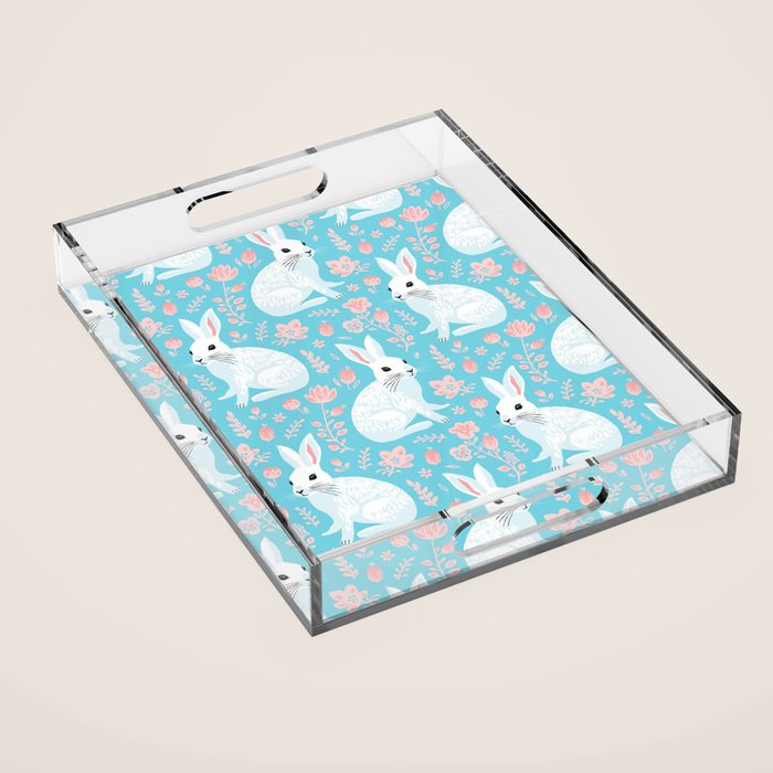 Vintage flower rabbit spring art pattern Acrylic Tray Gallery Image 1