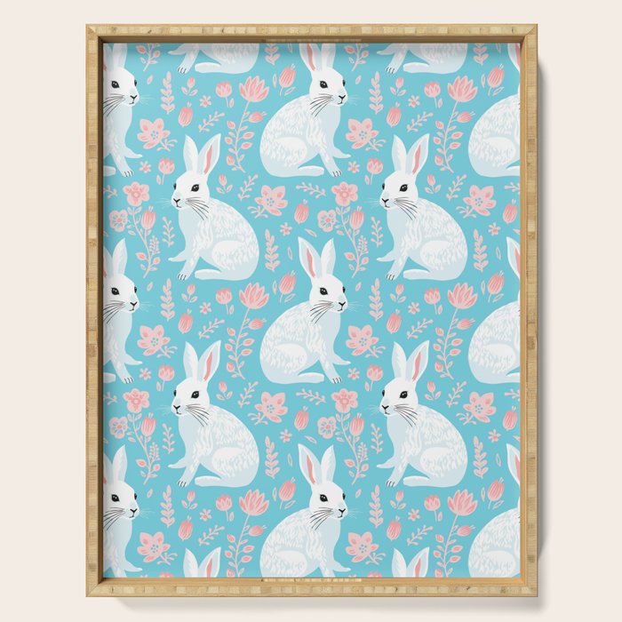 Vintage flower rabbit spring art pattern Serving Tray Gallery Image 1