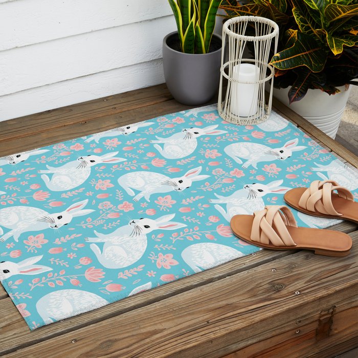Vintage flower rabbit spring art pattern Outdoor Rug Gallery Image 2