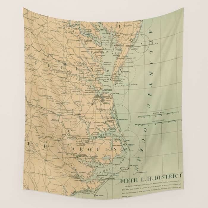 Vintage Outer Banks & Chesapeake Bay Lighthouse Map  Wall Tapestry Gallery Image 1