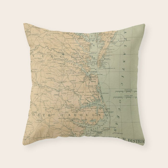 Vintage Outer Banks & Chesapeake Bay Lighthouse Map  Throw Pillow Gallery Image 1