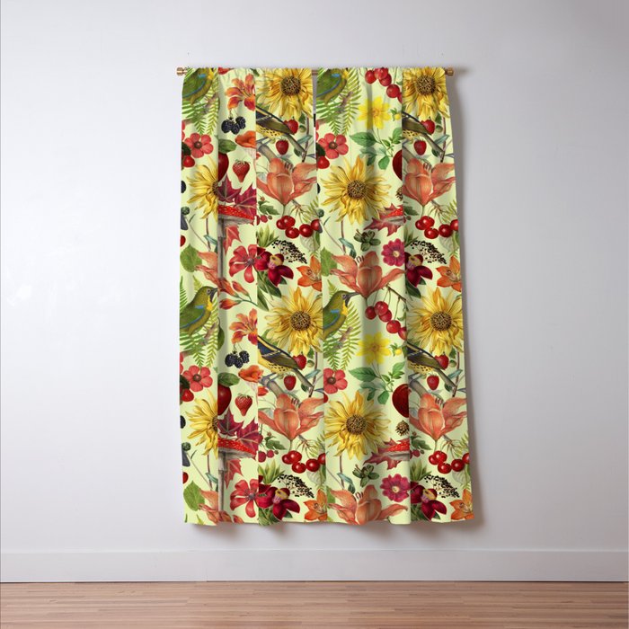 Autumns Delight Botanical Pattern With Birds On Green Window Curtain Gallery Image 3