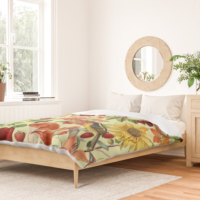 Autumns Delight Botanical Pattern With Birds On Green Duvet Cover Gallery Image 2