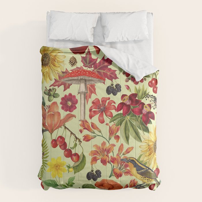 Autumns Delight Botanical Pattern With Birds On Green Comforter Gallery Image 1