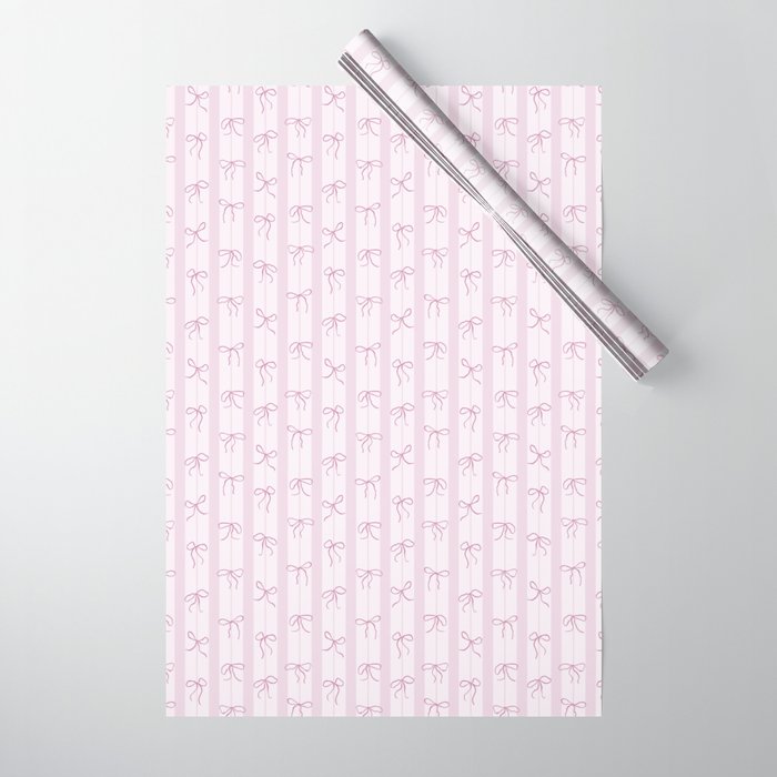 Coquette pink bows on a vertical stripes background Wrapping Paper Gallery Image 1