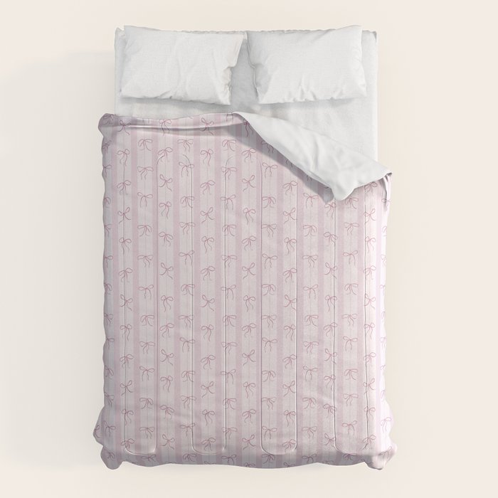 Coquette pink bows on a vertical stripes background Comforter Gallery Image 1