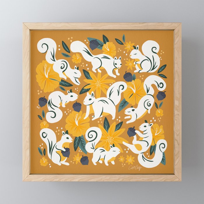 Squirrels & Blooms - Ochre Mini Art Print Gallery Image 1