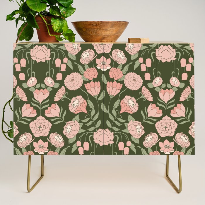 Mystery Garden Victorian Green Floral Faces Credenza Gallery Image 1