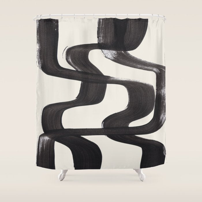 Mid Century Modern Minimalist Abstract Art Brush Strokes Black & White Ink Art Ripple Lines Shower Curtain Gallery Image 1