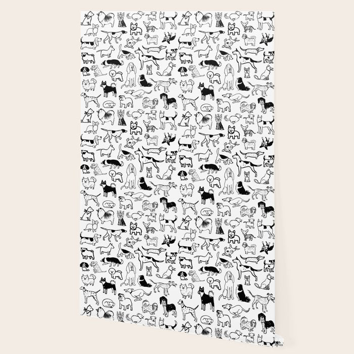Black and White Dog Drawings | Cute Dog Breeds Pattern Wallpaper Gallery Image 2