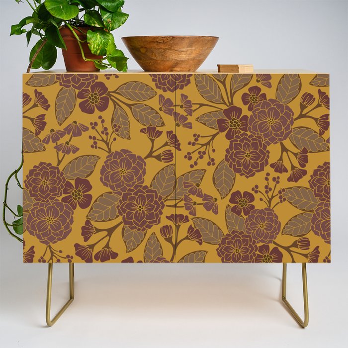 Mustard Yellow, Brown, Raisin, Taupe & Mauve Floral Pattern Credenza Gallery Image 1