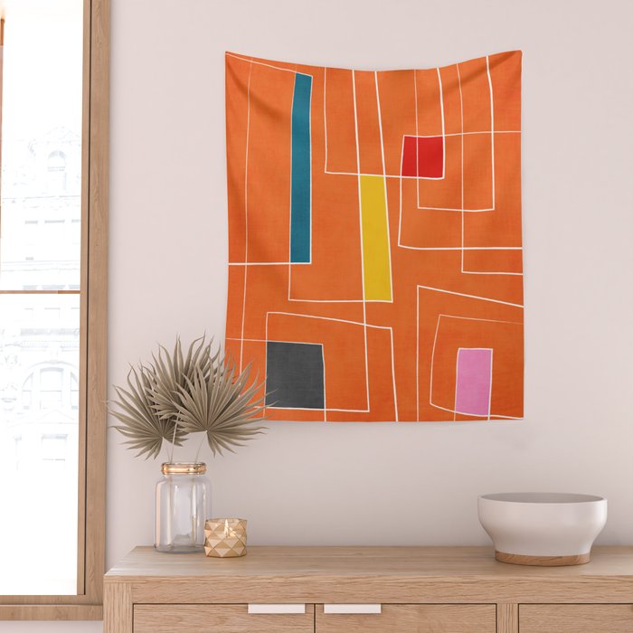 Orange Abstract Artwork Colorful Shapes Wall Tapestry Gallery Image 2