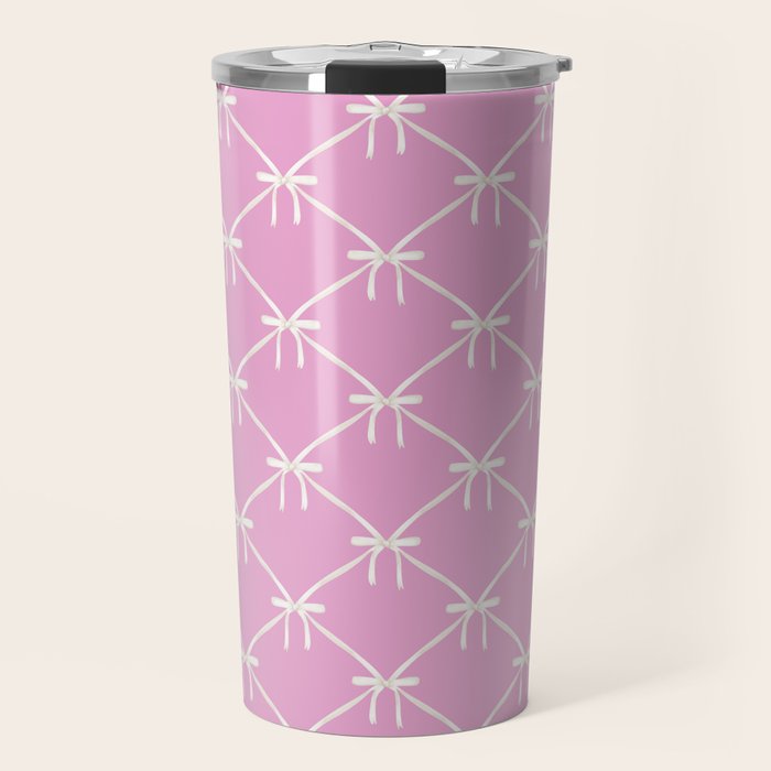 Bows & Ribbons Pattern LIII Y2K Fuchsia Pink Travel Mug Gallery Image 1