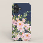 Floral Watercolor, Roses, Navy Blue and Pink, Vintage Art iPhone Case Gallery Image 1