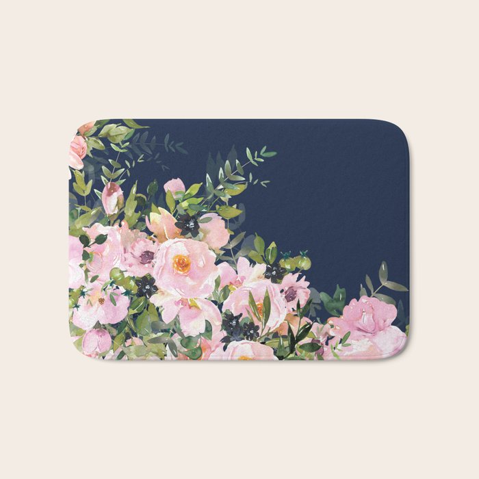 Floral Watercolor, Roses, Navy Blue and Pink, Vintage Art Bath Mat Gallery Image 1