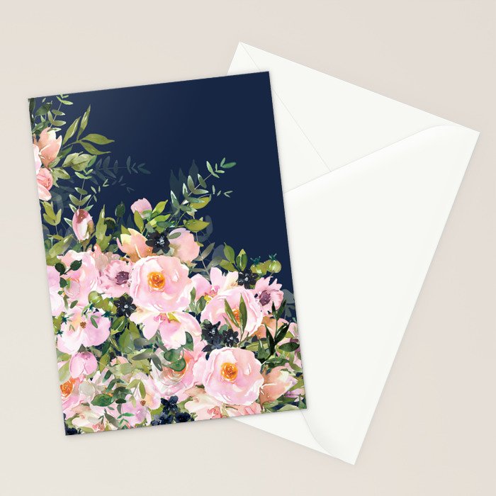 Floral Watercolor, Roses, Navy Blue and Pink, Vintage Art Stationery Card Gallery Image 2
