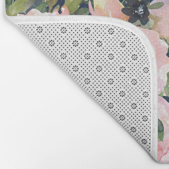Floral Watercolor, Roses, Navy Blue and Pink, Vintage Art Bath Mat Gallery Image 2